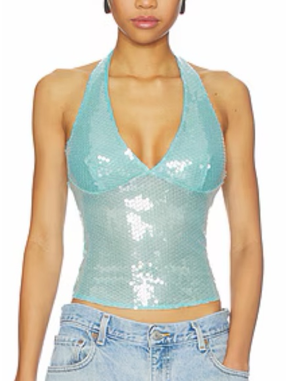 Free People Teal Sequin Halter Tank Top